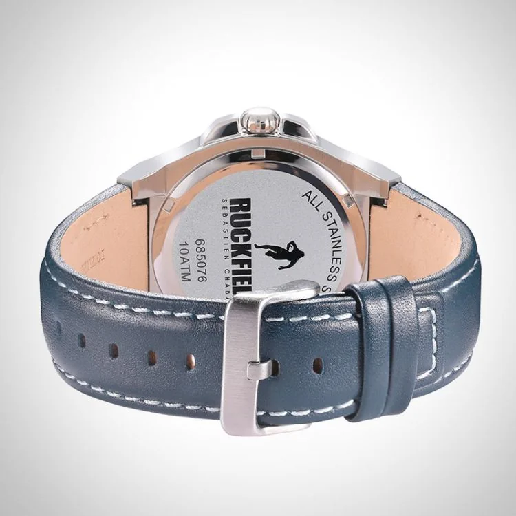 Arrière Montre Homme Ruckfield Sport Boîtier Acier Bracelet Cuir Bleu marine Cadran Argent Boucle Ardillon