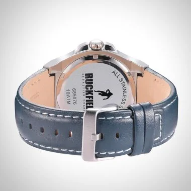 Arrière Montre Homme Ruckfield Sport Boîtier Acier Bracelet Cuir Bleu marine Cadran Argent Boucle Ardillon