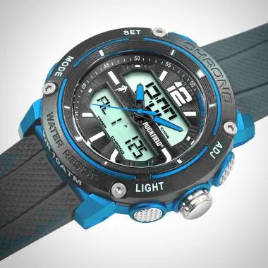 Profil Couronne Montre Homme Ruckfield Sport Boîtier Résine Bracelet Silicone Noir Cadran LCD