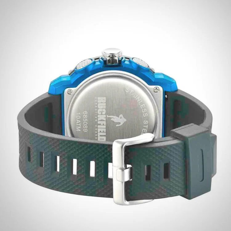 Arrière Montre Homme Ruckfield Sport Boîtier Résine Bracelet Silicone Noir Cadran LCD Boucle Ardillon