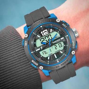 Face Portée Montre Homme Ruckfield Sport Boîtier Résine Bracelet Silicone Noir Cadran LCD