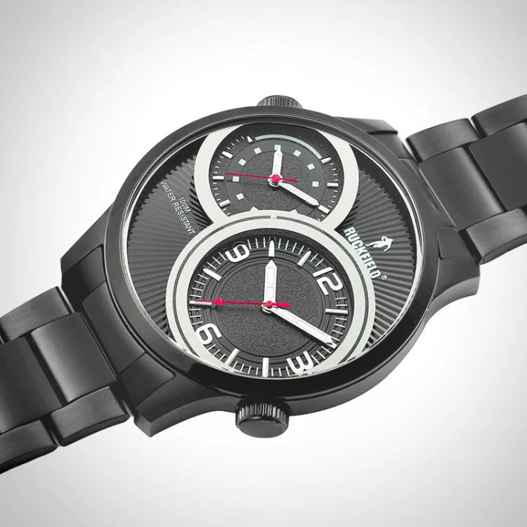 Profil Couronne Montre Homme Ruckfield Sport Boîtier Acier Bracelet Acier Noir Cadran Noir