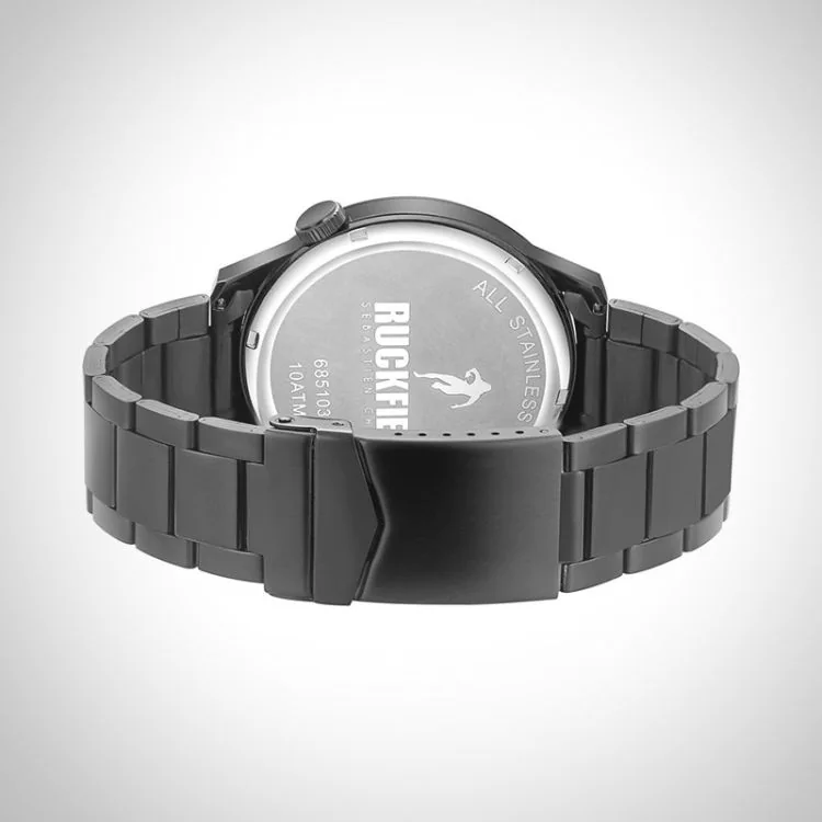 Arrière Montre Homme Ruckfield Sport Boîtier Acier Bracelet Acier Noir Cadran Noir