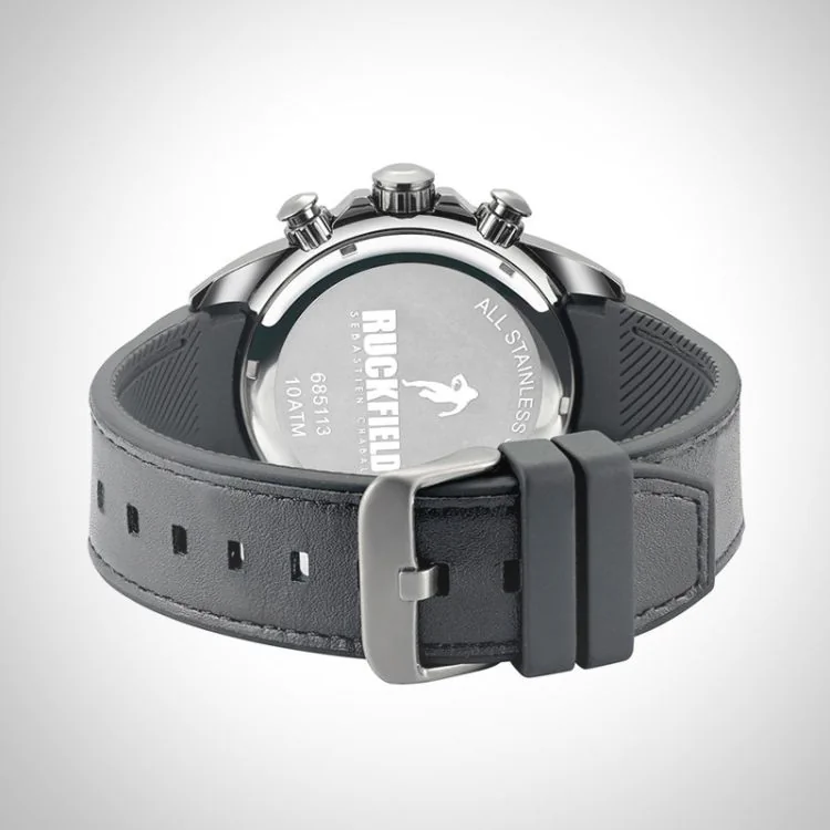 Arrière Montre Homme Ruckfield Sport Boîtier Acier Bracelet Cuir Noir Cadran Gris