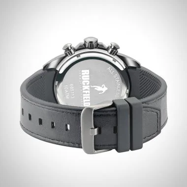 Arrière Montre Homme Ruckfield Sport Boîtier Acier Bracelet Cuir Noir Cadran Gris