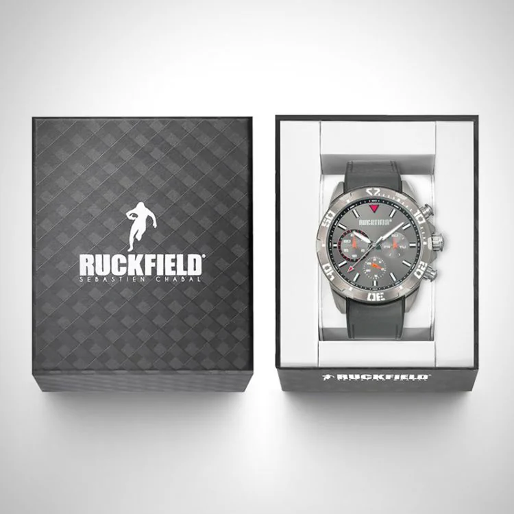 Boîte coffret Montre Homme Ruckfield Sport Boîtier Acier Bracelet Cuir Noir Cadran Gris
