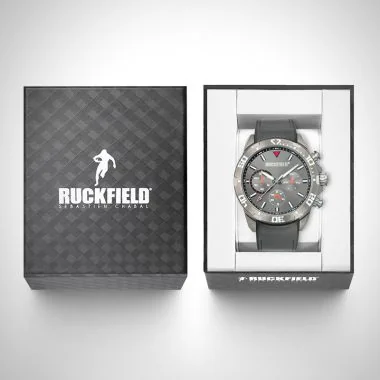 Boîte coffret Montre Homme Ruckfield Sport Boîtier Acier Bracelet Cuir Noir Cadran Gris