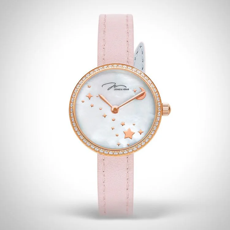 Face Jonas & Verus Lumière acier cadran blanc bracelet cuir rose et gris surpiqûre rose mat