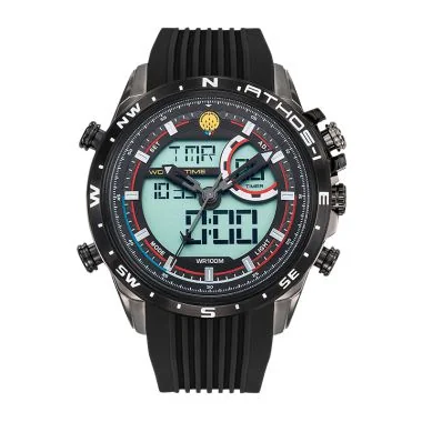 Face montre homme officiel Patrouille de France Athos 1 Leader silicone noir acier noir cadran anadigital chrono