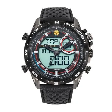 Face montre homme officiel Patrouille de France Athos 1 Leader cuir noir perforé cadran anadigital chrono