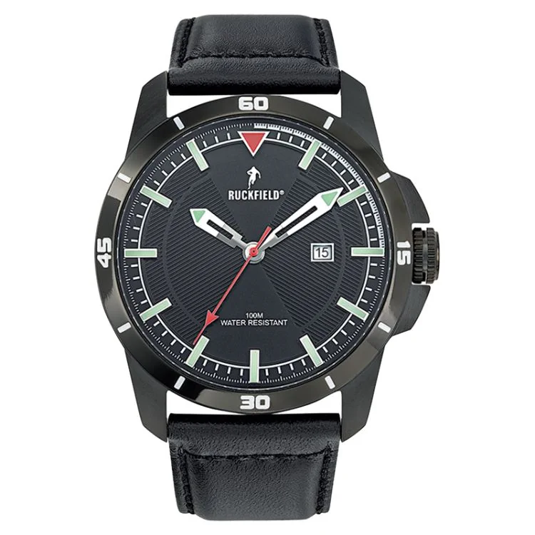 Face Montre Homme Ruckfield Sport Boîtier Acier Bracelet Cuir Noir Cadran Noir