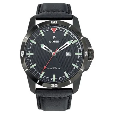 Face Montre Homme Ruckfield Sport Boîtier Acier Bracelet Cuir Noir Cadran Noir