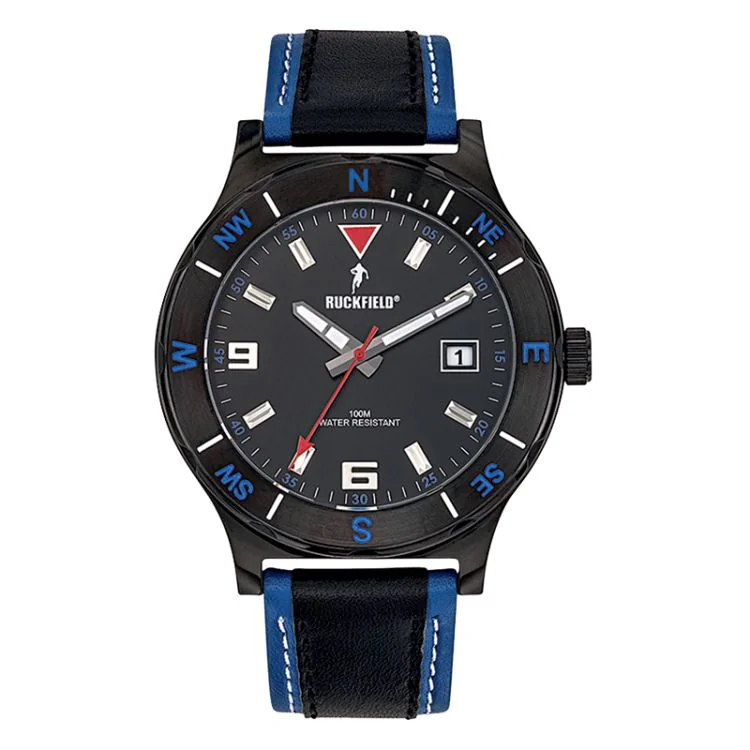 Face Montre Homme Ruckfield Sport Boîtier Acier Bracelet Cuir Noir et bleu Cadran Noir