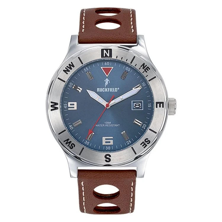 Face Montre Homme Ruckfield Sport Boîtier Acier Bracelet Cuir Marron Cadran Bleu marine