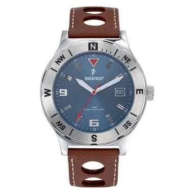 Face Montre Homme Ruckfield Sport Boîtier Acier Bracelet Cuir Marron Cadran Bleu marine
