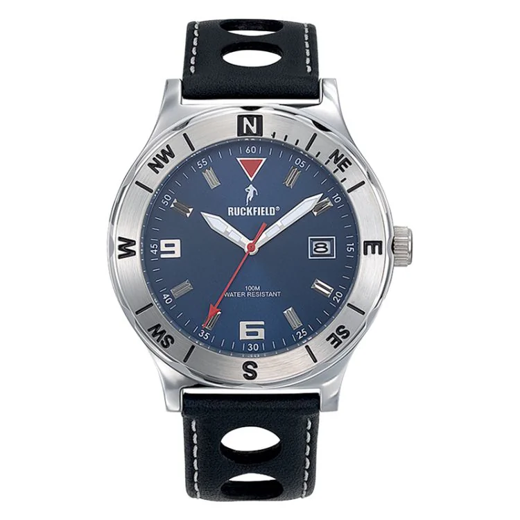 Face Montre Homme Ruckfield Sport Boîtier Acier Bracelet Cuir Bleu marine Cadran Bleu marine
