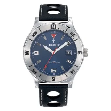 Face Montre Homme Ruckfield Sport Boîtier Acier Bracelet Cuir Bleu marine Cadran Bleu marine