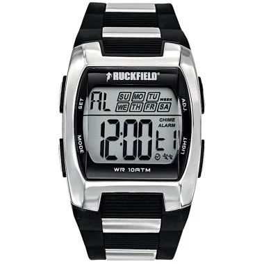 Face Montre Homme Ruckfield Sport Boîtier Acier Bracelet Silicone Noir et acier Cadran LCD