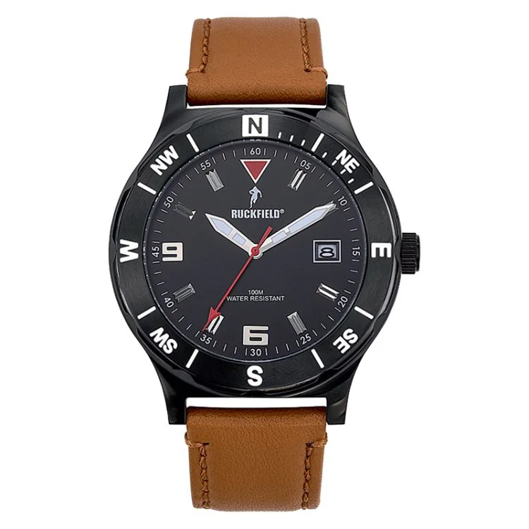 Face Montre Homme Ruckfield Sport Boîtier Acier Bracelet Cuir Marron clair Cadran Noir