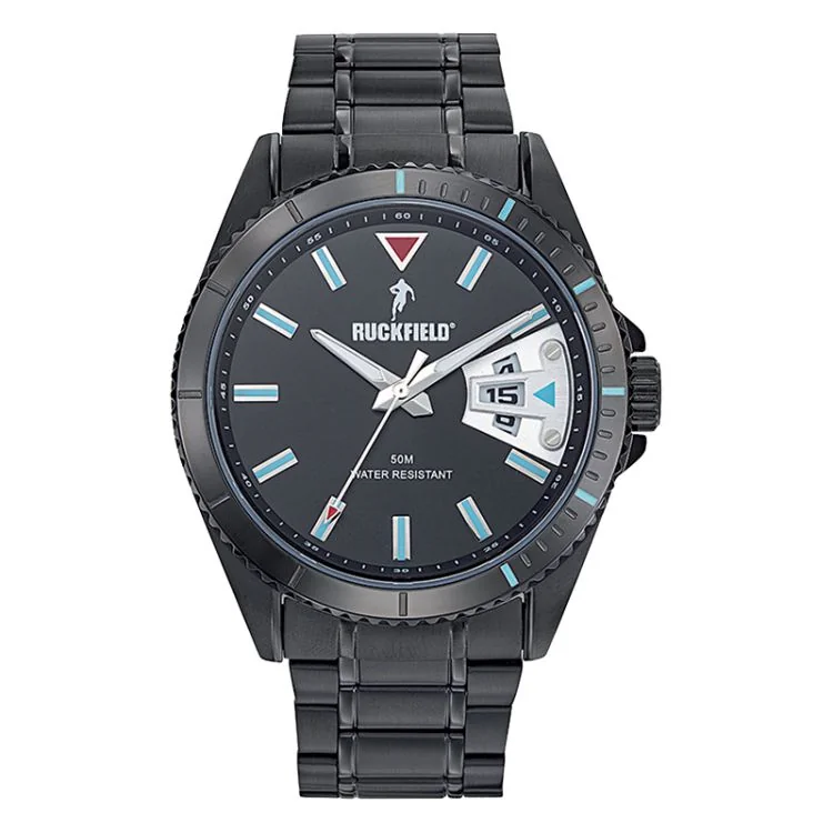 Face Montre Homme Ruckfield Sport Boîtier Acier Bracelet Acier Noir Cadran Noir