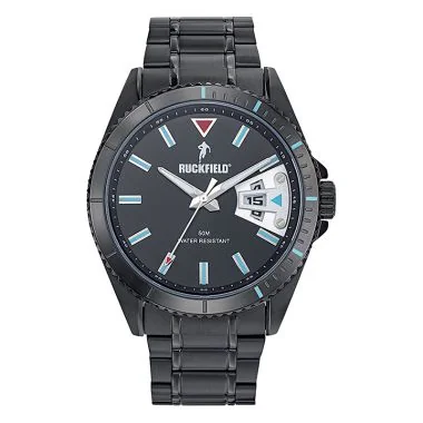 Face Montre Homme Ruckfield Sport Boîtier Acier Bracelet Acier Noir Cadran Noir