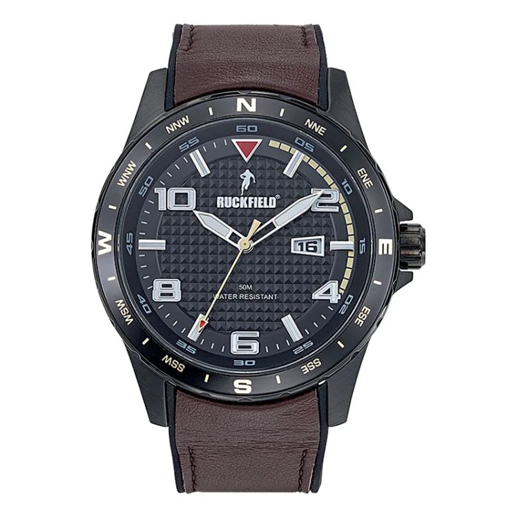 Face Montre Ruckfield - Vintage - Cuir Marron Foncé - Cadran Noir