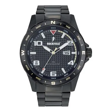Face Montre Homme Ruckfield Sport Boîtier Acier Bracelet Acier Noir Cadran Noir