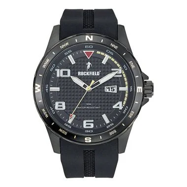 Face Montre Homme Ruckfield Sport Boîtier Acier Bracelet Silicone Noir Cadran Noir
