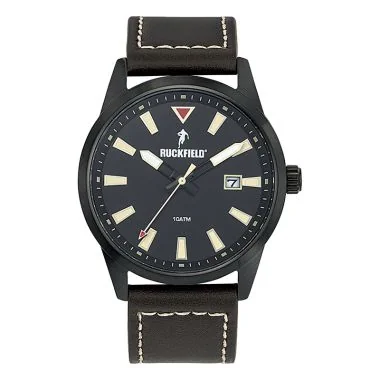 Face Montre Homme Ruckfield Sport Boîtier Acier Bracelet Cuir Marron Cadran Noir