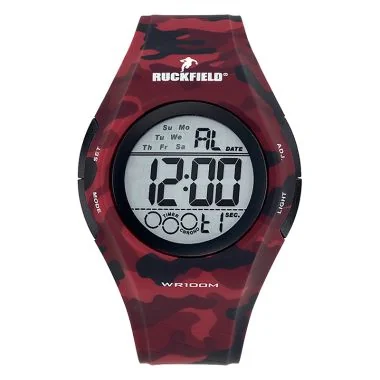 Face Montre Homme Ruckfield Sport Boîtier Silicone Bracelet Silicone Rouge Cadran LCD