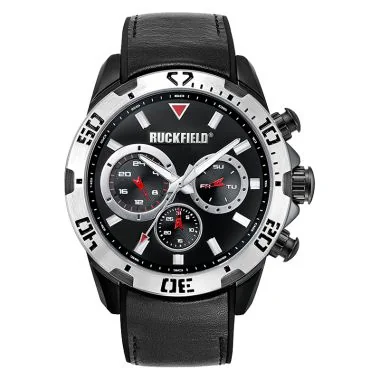 Face Montre Homme Ruckfield Sport Boîtier Acier Bracelet Cuir Noir Cadran Noir