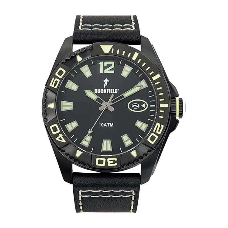Face Montre Homme Ruckfield Sport Boîtier Acier Bracelet Cuir Noir Cadran Noir