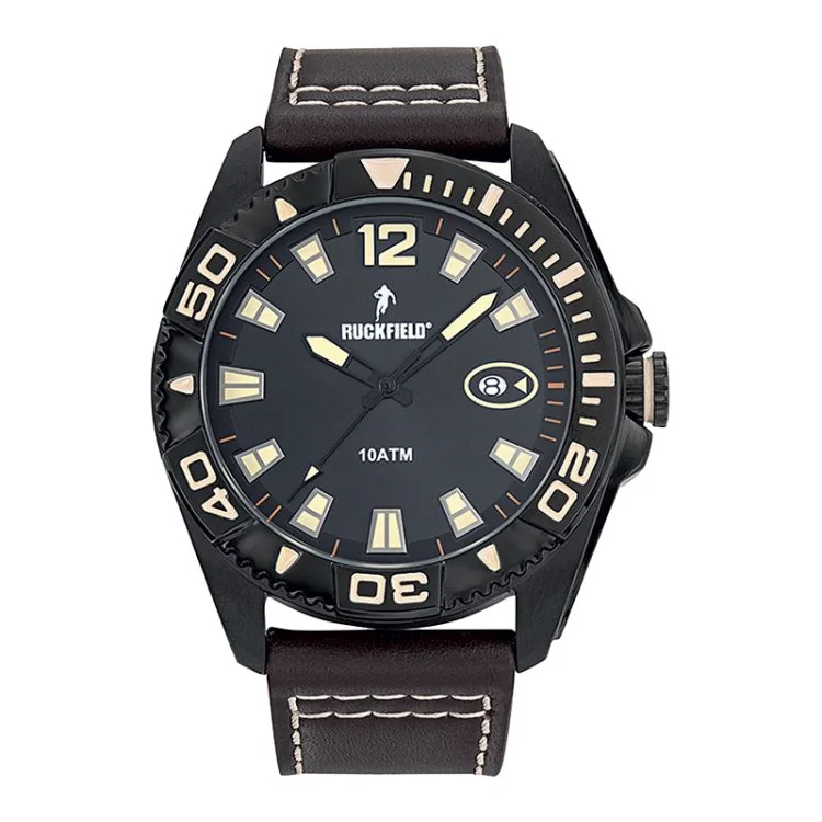 Face Montre Homme Ruckfield Sport Boîtier Acier Bracelet Cuir Marron Cadran Noir