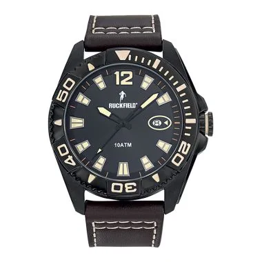 Face Montre Homme Ruckfield Sport Boîtier Acier Bracelet Cuir Marron Cadran Noir