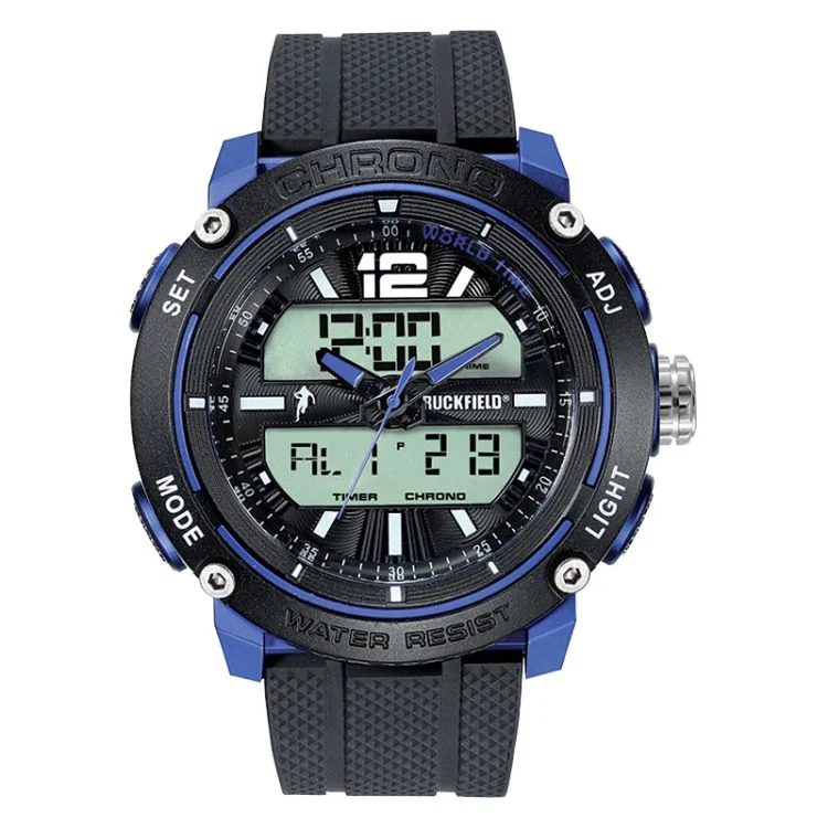 Face Montre Homme Ruckfield Sport Boîtier Résine Bracelet Silicone Noir Cadran LCD