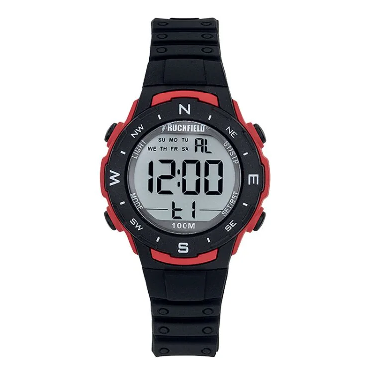 Face Montre Homme Ruckfield Sport Boîtier Résine Bracelet Silicone Noir Cadran LCD