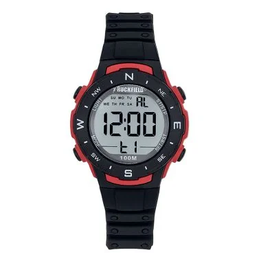 Face Montre Homme Ruckfield Sport Boîtier Résine Bracelet Silicone Noir Cadran LCD