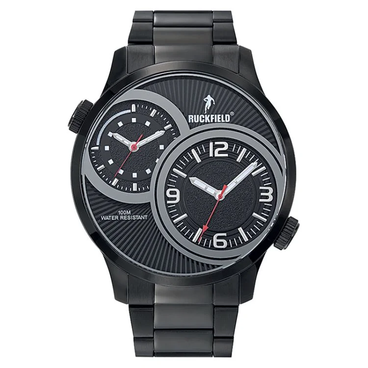 Face Montre Homme Ruckfield Sport Boîtier Acier Bracelet Acier Noir Cadran Noir