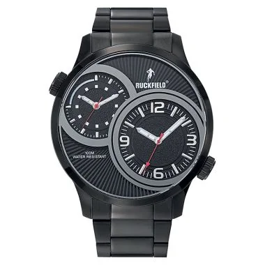 Face Montre Homme Ruckfield Sport Boîtier Acier Bracelet Acier Noir Cadran Noir