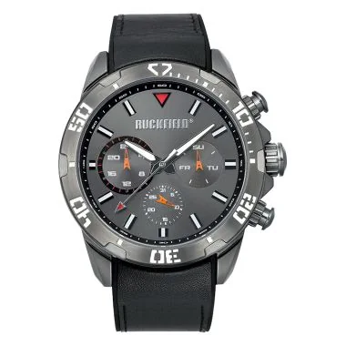 Face Montre Homme Ruckfield Sport Boîtier Acier Bracelet Cuir Noir Cadran Gris