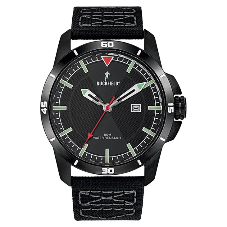 Face Montre Homme Ruckfield Sport Boîtier Acier Bracelet nylon Noir Cadran Noir