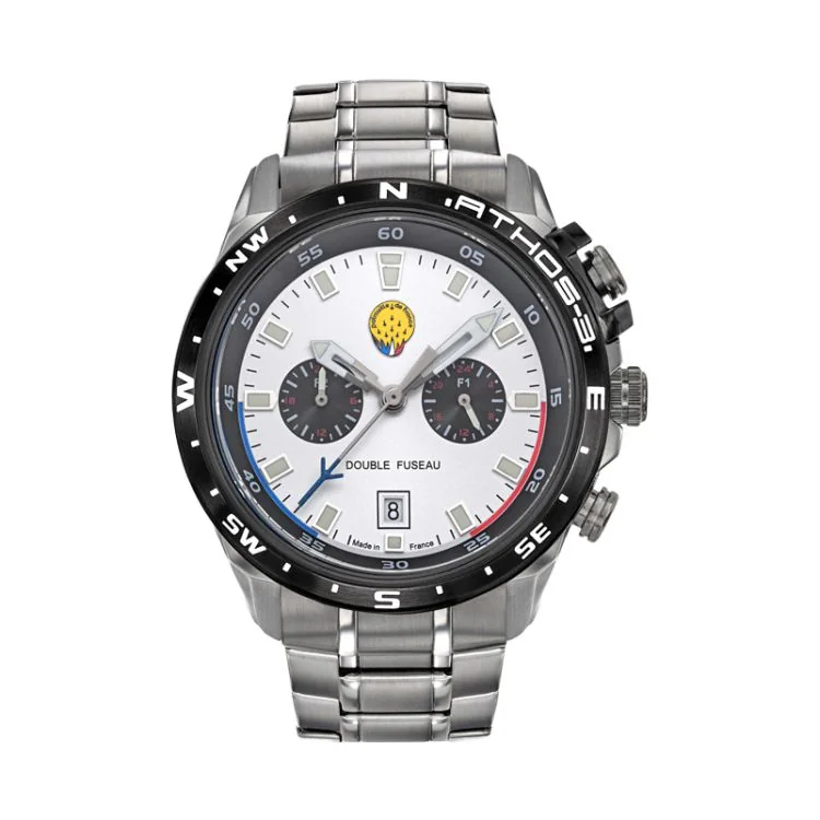 Face Montre Patrouille de France Athos 3 Intérieur Gauche Acier Argenté Cadran Blanc Multifonctions