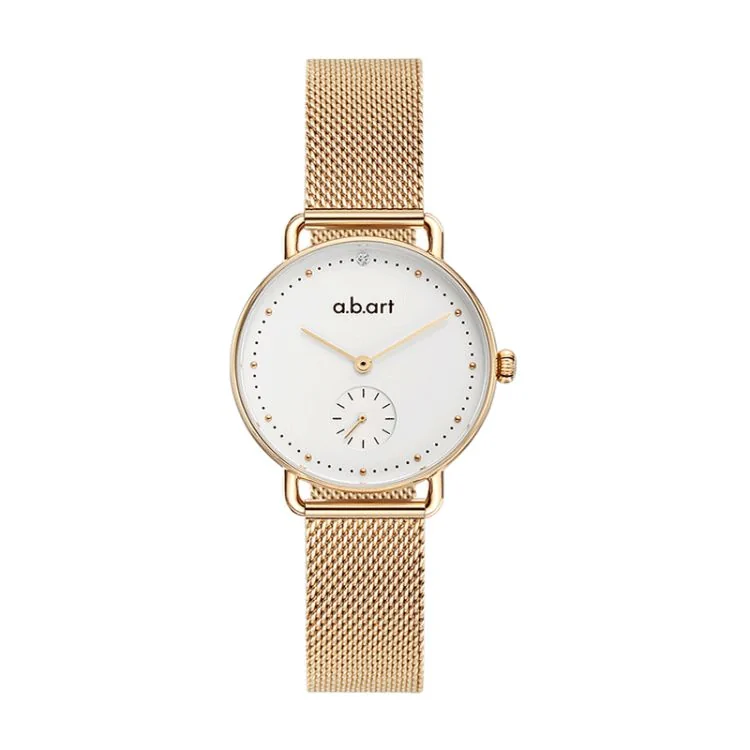 Face Montre a.b.art Femme Maille Milanaise Rose Cadran Blanc Seconde Excentrée - FR31-000-7S
