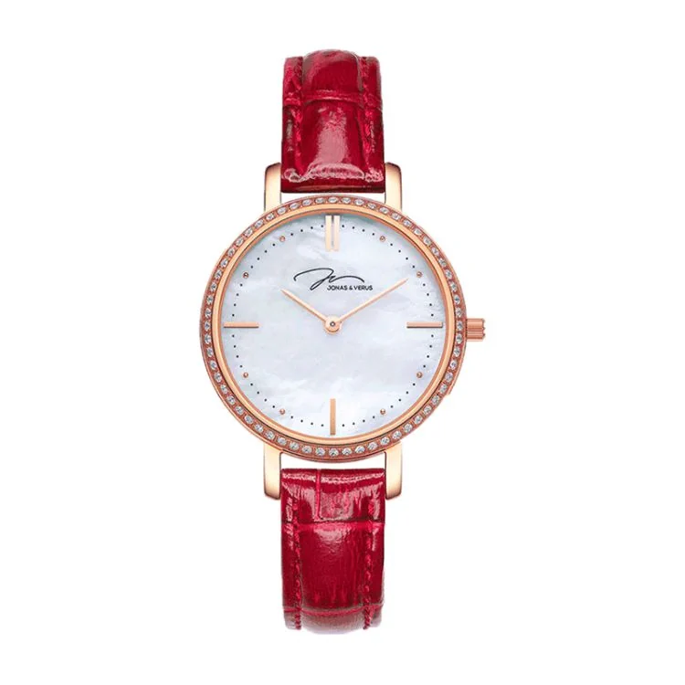 Face Montre Elegante Jonas & Verus Lumière Cadran Blanc Bracelet Cuir Rouge Façon Croco - X00718-Q3.PPWLRD