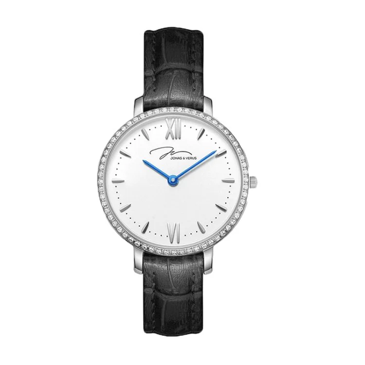 Face Montre Elégante Jonas & Verus Lumière Cadran Blanc Bracelet Cuir Noir -  X00752-Q3.WWWLBD